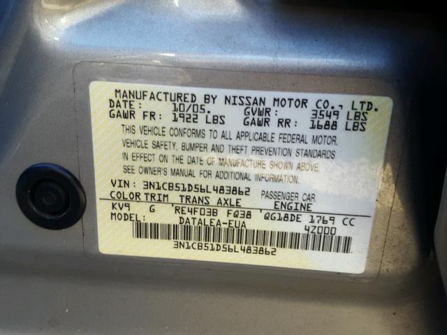 3N1CB51D56L483862 - 2006 NISSAN SENTRA 1.8 TAN photo 10