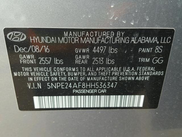 5NPE24AF8HH536347 - 2017 HYUNDAI SONATA SE SILVER photo 10