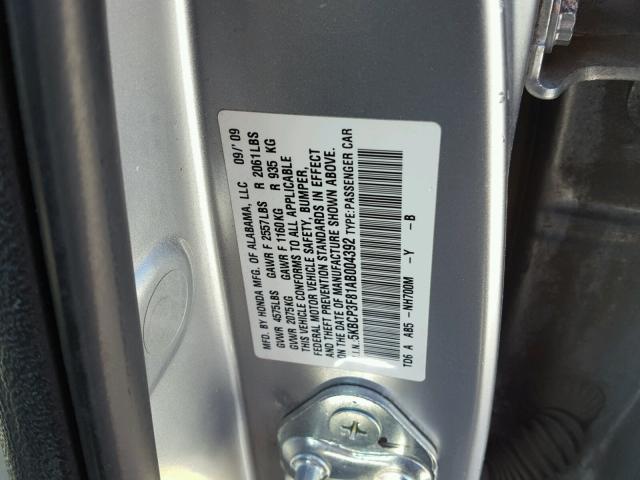 5KBCP3F81AB004392 - 2010 HONDA ACCORD EXL SILVER photo 10