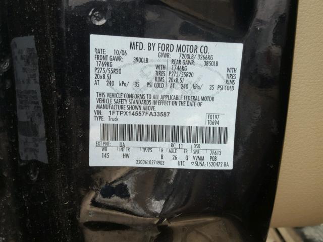 1FTPX14557FA33587 - 2007 FORD F150 BLACK photo 10