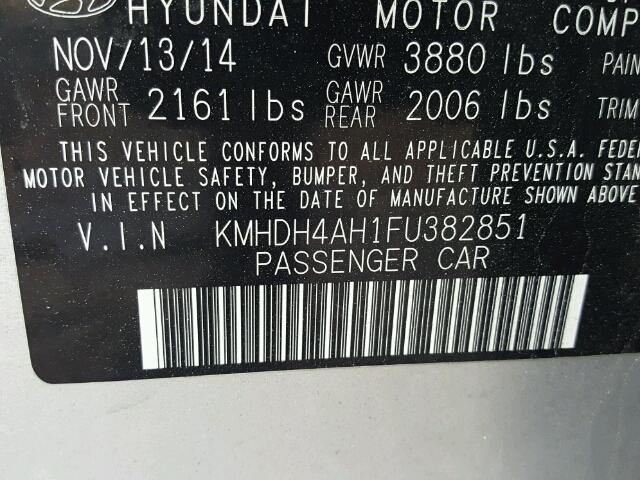 KMHDH4AH1FU382851 - 2015 HYUNDAI ELANTRA SE SILVER photo 10