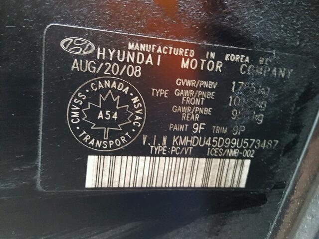 KMHDU45D99U573487 - 2009 HYUNDAI ELANTRA GL BLACK photo 10