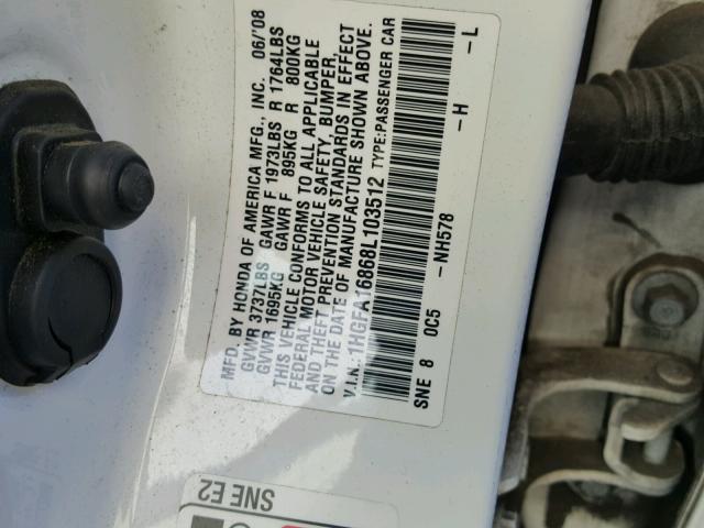 1HGFA16868L103512 - 2008 HONDA CIVIC EX თეთრი ფოტო 10