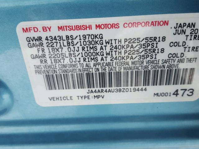 JA4AR4AU3BZ019444 - 2011 MITSUBISHI OUTLANDER BLUE photo 10