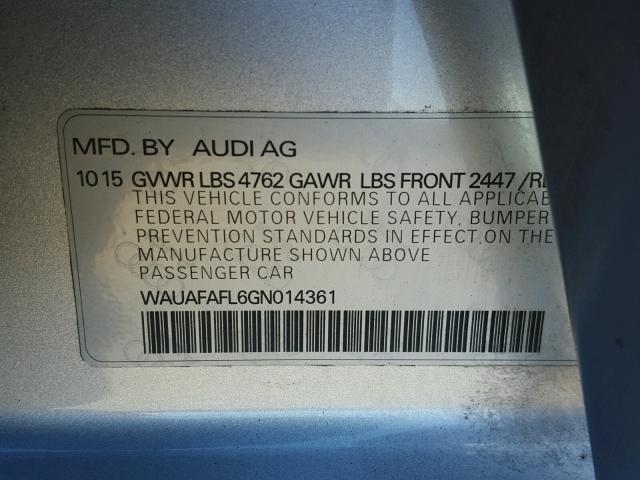 WAUAFAFL6GN014361 - 2016 AUDI A4 PREMIUM SILVER photo 10