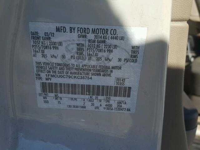 1FMCU0C79CKC35754 - 2012 FORD ESCAPE XLS WHITE photo 10