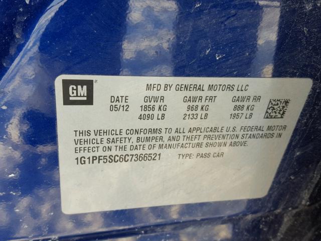 1G1PF5SC6C7366521 - 2012 CHEVROLET CRUZE LT BLUE photo 10