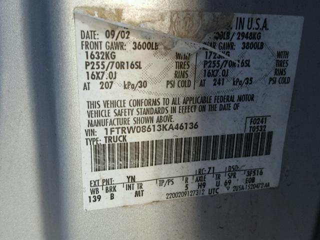 1FTRW08613KA46136 - 2003 FORD F150 SUPER GRAY photo 10