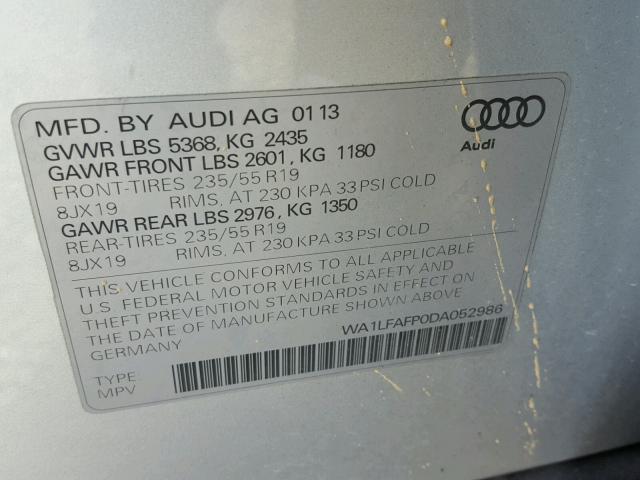 WA1LFAFP0DA052986 - 2013 AUDI Q5 PREMIUM SILVER photo 10