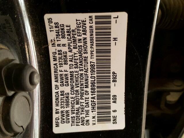 1HGFA16896L019987 - 2006 HONDA CIVIC EX 黑色 照片 10