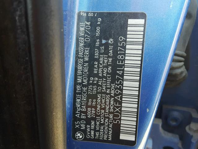 5UXFA93574LE81759 - 2004 BMW X5 4.8IS BLUE photo 10