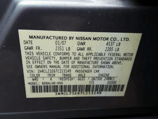 1N4CL21E67C153149 - 2007 NISSAN ALTIMA HYB GRAY photo 10