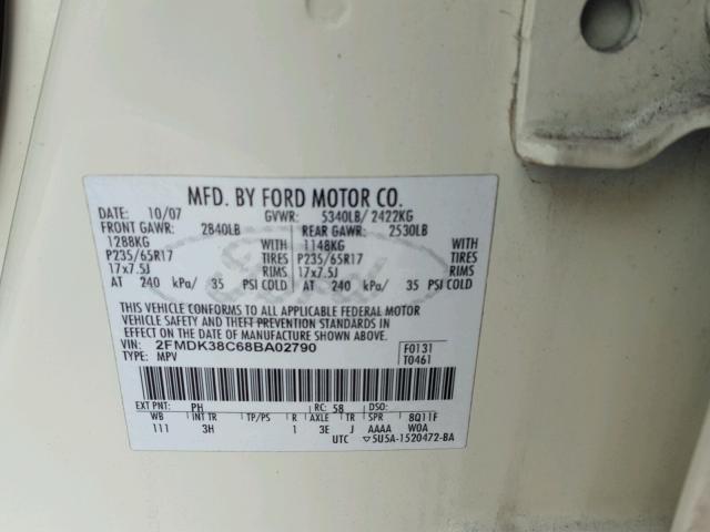 2FMDK38C68BA02790 - 2008 FORD EDGE SEL BEIGE photo 10