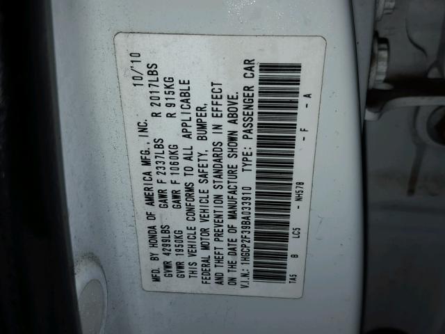 1HGCP2F39BA033910 - 2011 HONDA ACCORD LX WHITE photo 10