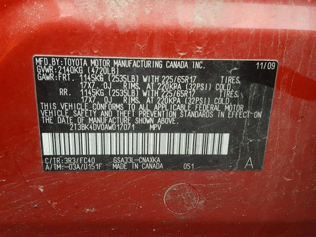 2T3BK4DV0AW017071 - 2010 TOYOTA RAV4 RED photo 10