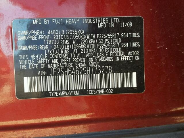 JF2SH64629H773278 - 2009 SUBARU FORESTER 2 RED photo 10