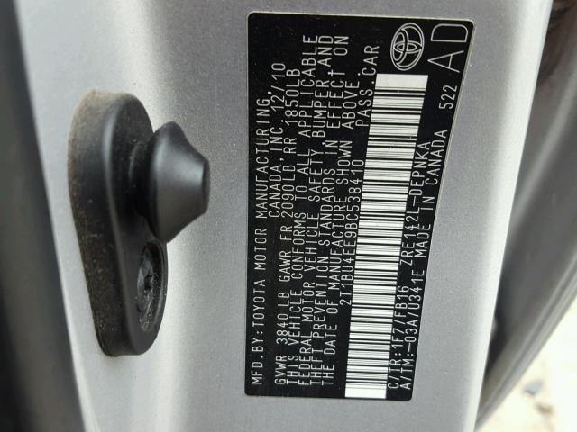 2T1BU4EE9BC538410 - 2011 TOYOTA COROLLA BA SILVER photo 10