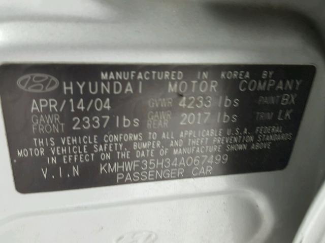 KMHWF35H34A067499 - 2004 HYUNDAI SONATA GLS GRAY photo 10