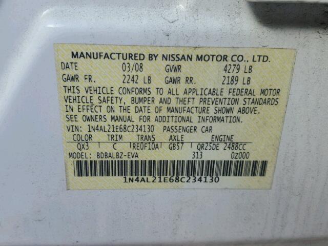 1N4AL21E68C234130 - 2008 NISSAN ALTIMA 2.5 WHITE photo 10