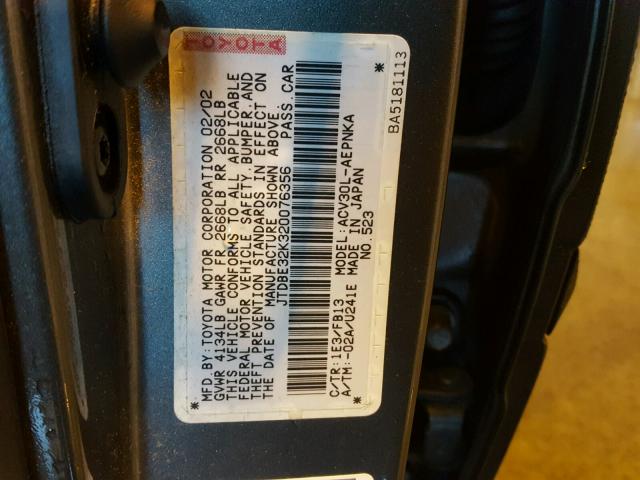 JTDBE32K320076356 - 2002 TOYOTA CAMRY LE GRAY photo 10