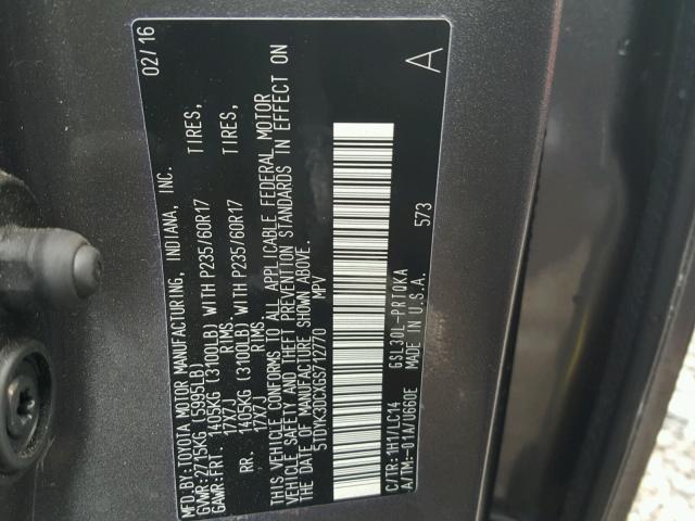 5TDYK3DCXGS712770 - 2016 TOYOTA SIENNA XLE GRAY photo 10