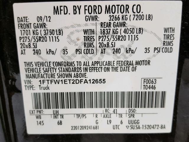 1FTFW1ET2DFA12655 - 2013 FORD F150 SUPER BLACK photo 10