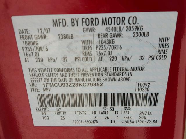 1FMCU93Z28KC79852 - 2008 FORD ESCAPE XLT RED photo 10