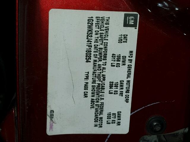 1G2WK52J41F180254 - 2001 PONTIAC GRAND PRIX MAROON photo 10