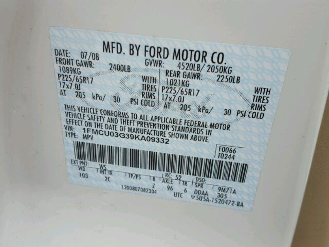 1FMCU03G39KA09332 - 2009 FORD ESCAPE XLT WHITE photo 10