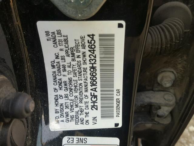 2HGFA16669H324654 - 2009 HONDA CIVIC BLACK photo 10