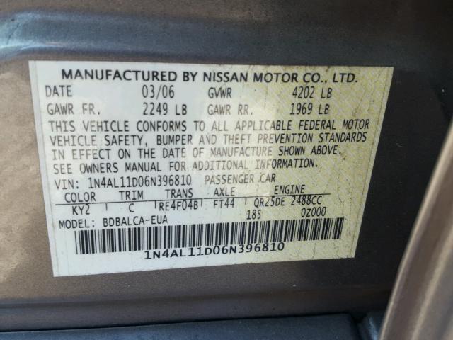 1N4AL11D06N396810 - 2006 NISSAN ALTIMA S TAN photo 10