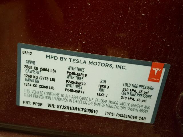 5YJSA1DN1CFS00019 - 2012 TESLA MODEL S RED photo 10