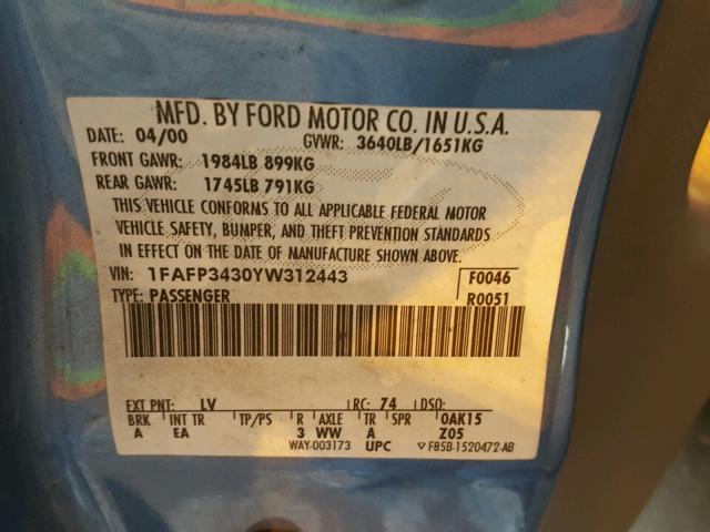 1FAFP3430YW312443 - 2000 FORD FOCUS SE BLUE photo 10