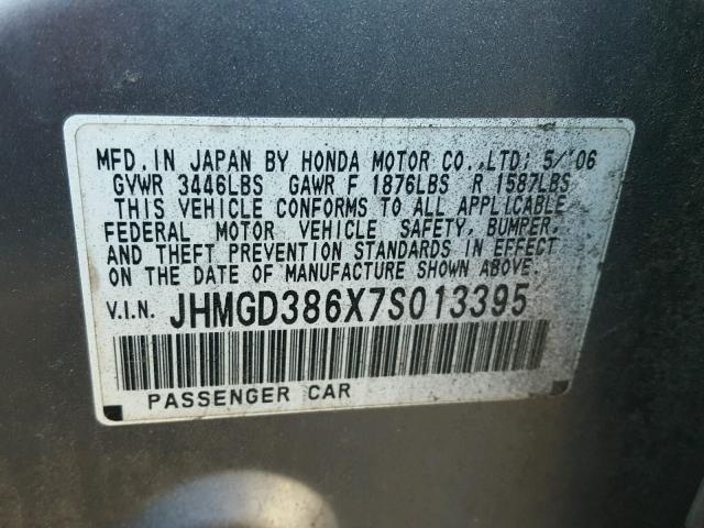 JHMGD386X7S013395 - 2007 HONDA FIT S 灰色 照片 10