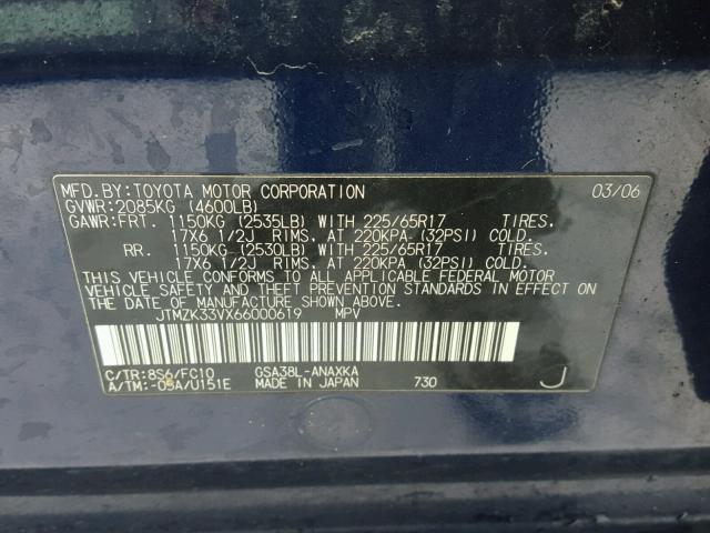 JTMZK33VX66000619 - 2006 TOYOTA RAV4 BLUE photo 10