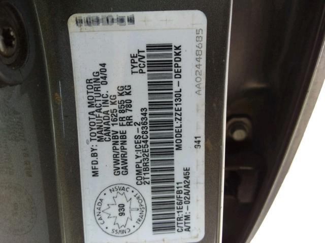 2T1BR32E54C836343 - 2004 TOYOTA COROLLA CE GRAY photo 9