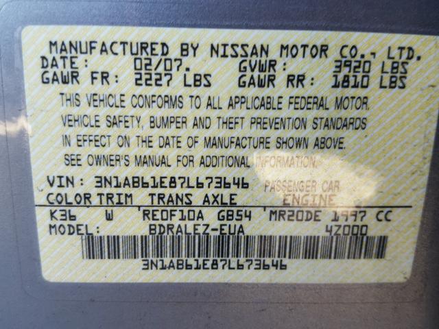 3N1AB61E87L673646 - 2007 NISSAN SENTRA 2.0 GRAY photo 10