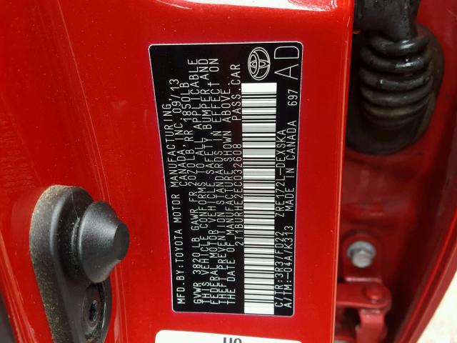 2T1BURHE2EC032608 - 2014 TOYOTA COROLLA L RED photo 10