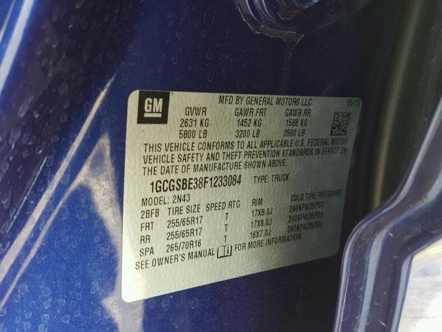 1GCGSBE38F1233084 - 2015 CHEVROLET COLORADO L BLUE photo 10