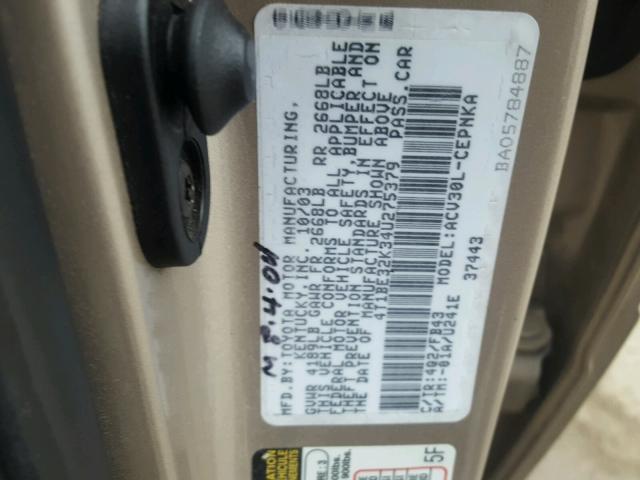 4T1BE32K34U275379 - 2004 TOYOTA CAMRY LE BEIGE photo 10