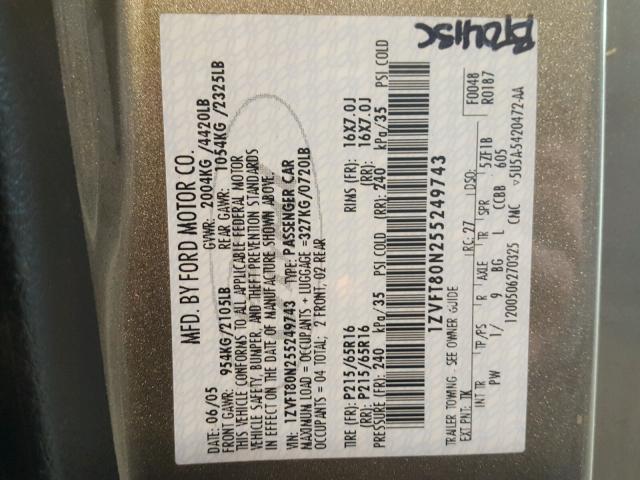 1ZVFT80N255249743 - 2005 FORD MUSTANG GRAY photo 10