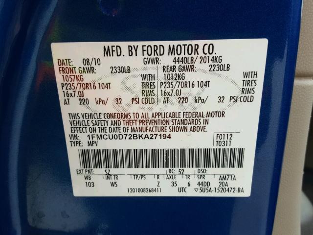 1FMCU0D72BKA27194 - 2011 FORD ESCAPE XLT BLUE photo 10