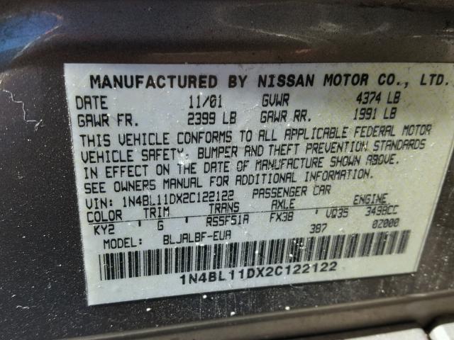 1N4BL11DX2C122122 - 2002 NISSAN ALTIMA SE SILVER photo 10