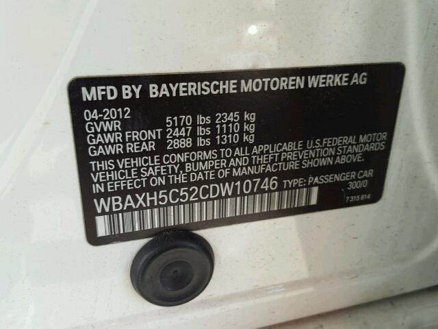 WBAXH5C52CDW10746 - 2012 BMW 528 XI WHITE photo 10