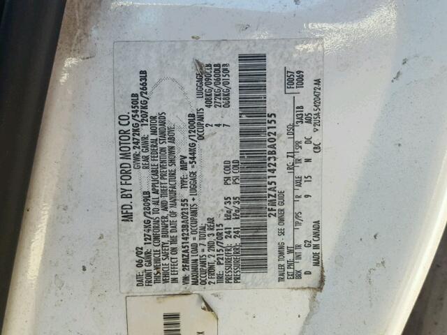 2FMZA51423BA02155 - 2003 FORD WINDSTAR L WHITE photo 10