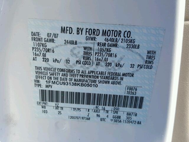 1FMCU93138KB05010 - 2008 FORD ESCAPE XLT WHITE photo 10