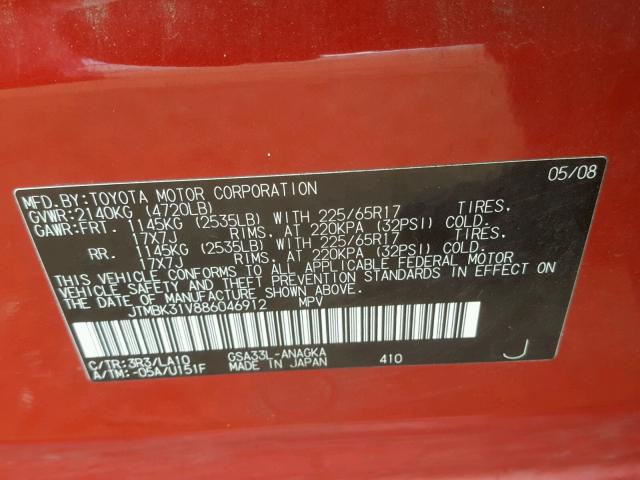 JTMBK31V886046912 - 2008 TOYOTA RAV4 LIMIT RED photo 10