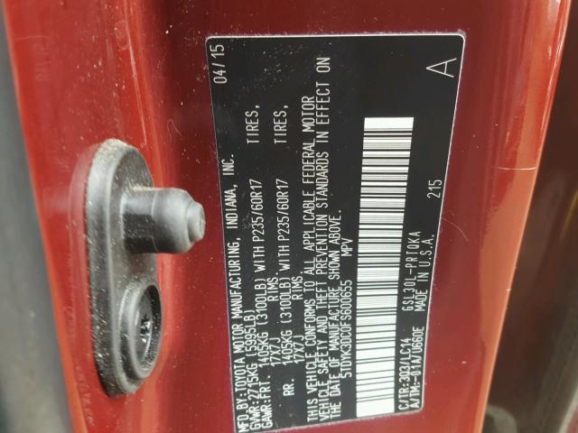 5TDYK3DC0FS600655 - 2015 TOYOTA SIENNA XLE RED photo 10