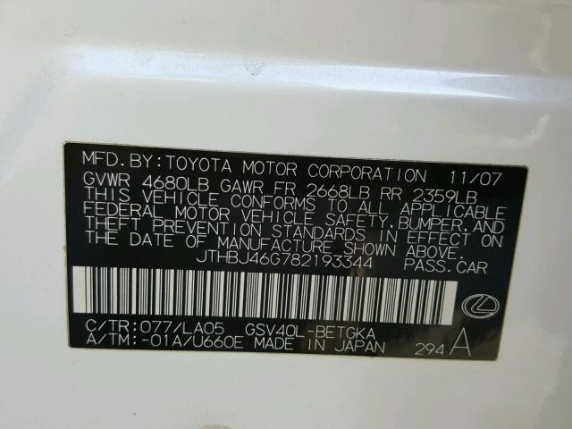 JTHBJ46G782193344 - 2008 LEXUS ES 350 WHITE photo 10