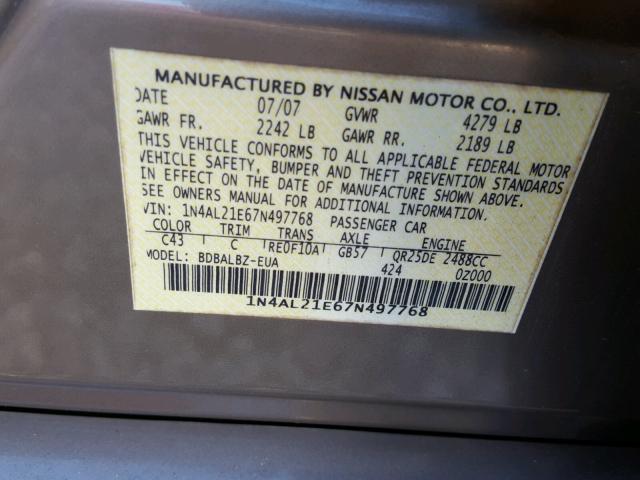 1N4AL21E67N497768 - 2007 NISSAN ALTIMA 2.5 GOLD photo 10